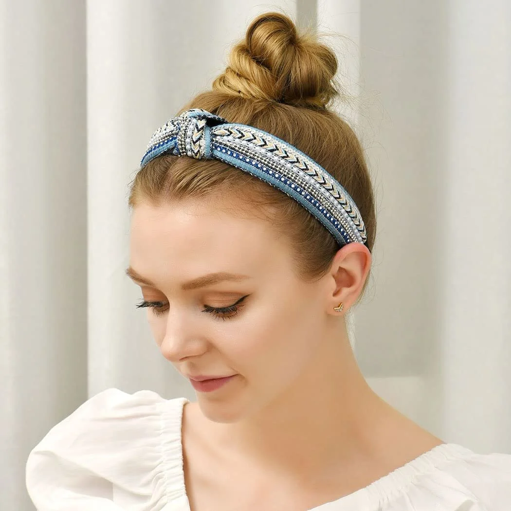 Обруч Zoestar Смугастий з кристалами, вузлом, перлами, в стилі вінтаж, фото №6