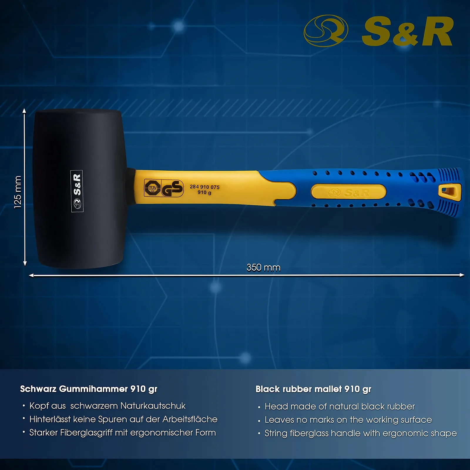Резиновая киянка S&R с фибергласовой ручкой черная 910 г 75 мм, фото №4