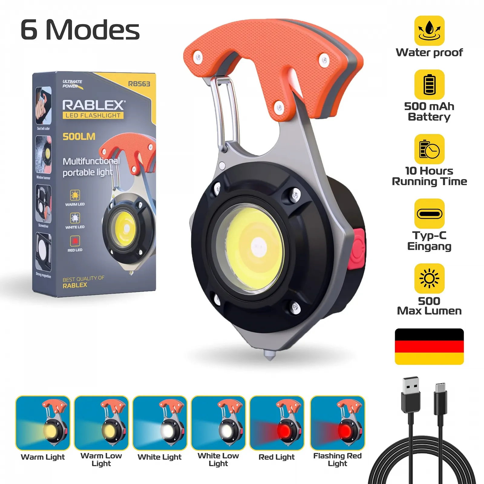 Міні ліхтар робочий LED RB563 500 люмен - USB-C акумуляторний, 6 режимів освітлення, магнітна основа - ліхтар для ключів, фото №6 Міні ліхтар робочий LED RB563 500 люмен - USB-C акумуляторний, 6 режимів освітлення, магнітна основа - ліхтар для ключів, фото №6