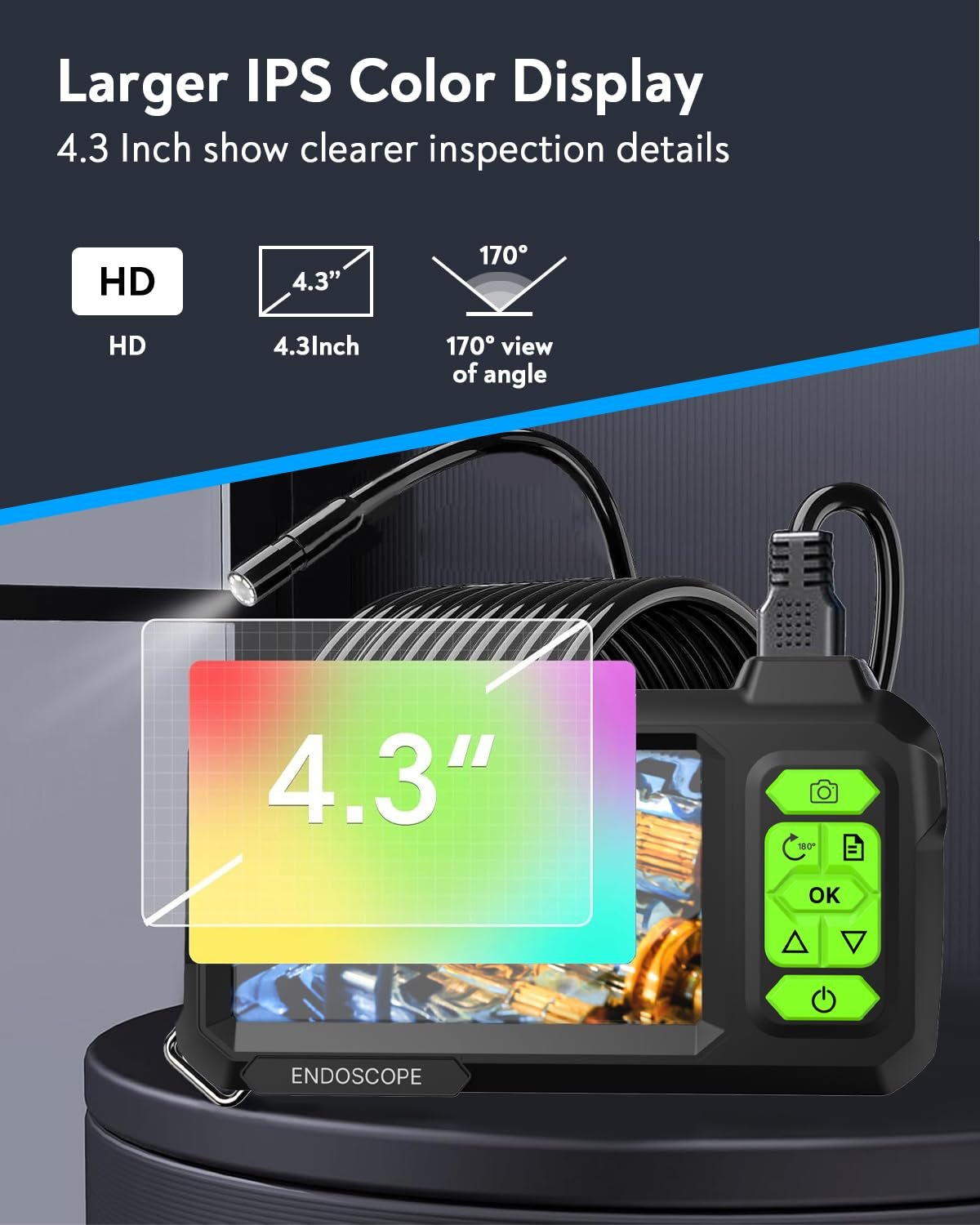 Эндоскоп Pinci 4.3 Inch Dual Lens с 8 LED подсветкой, 1080P HD, IP67 водонепроницаемый, 5 м полужесткий кабель, фото №3