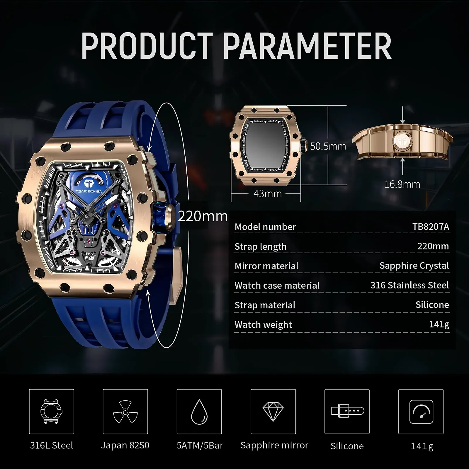 Мужские Автоматические Часы Tonneau Skeleton TSAR BOMBA Механические Дайвинг Квадратные Hollow 50 м Водонепроницаемые Японский Механизм Сапфировое Зеркало Силиконовый Ремешок, фото №4 Мужские Автоматические Часы Tonneau Skeleton TSAR BOMBA Механические Дайвинг Квадратные Hollow 50 м Водонепроницаемые Японский Механизм Сапфировое Зеркало Силиконовый Ремешок, фото №4