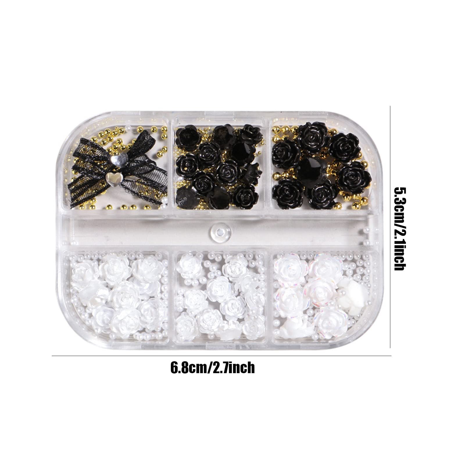 Подвески для ногтей Цветок, 1 коробка, 6 отделений, 3D цветы для ногтей с белым жемчугом и золотыми икринками, стразы для ногтей, ювелирные изделия для ногтей для женщин, девушек, DIY дизайн ногтей, фото №2