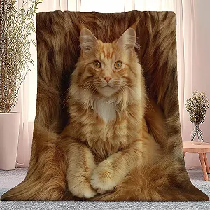 Одеяло Мягкое для дивана 180 x 220 см, Мягкое Теплое Фотография Домашние животные Котята Печатное Оранжевое Белое Шерстяное одеяло - Фото 1