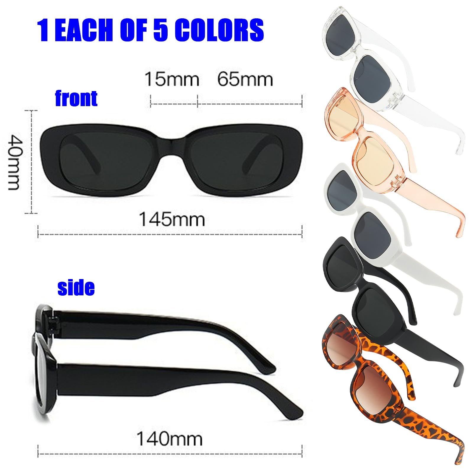 Сонцезахисні Окуляри DKDDSSS Вінтажні Прямокутні UV400 Різнокольорові, Набір з 5 штук, фото №3