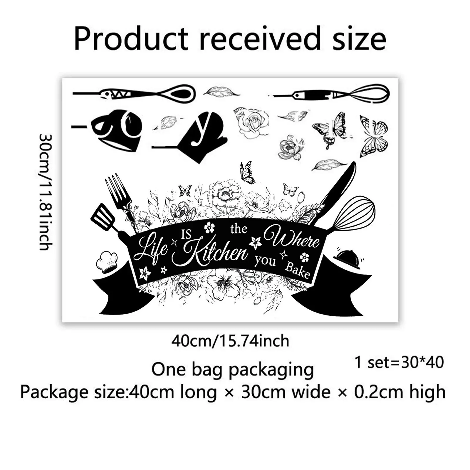 Наклейка на стіну Кухонна Столові прибори Метелики Квіти Чорний, M1, фото №2