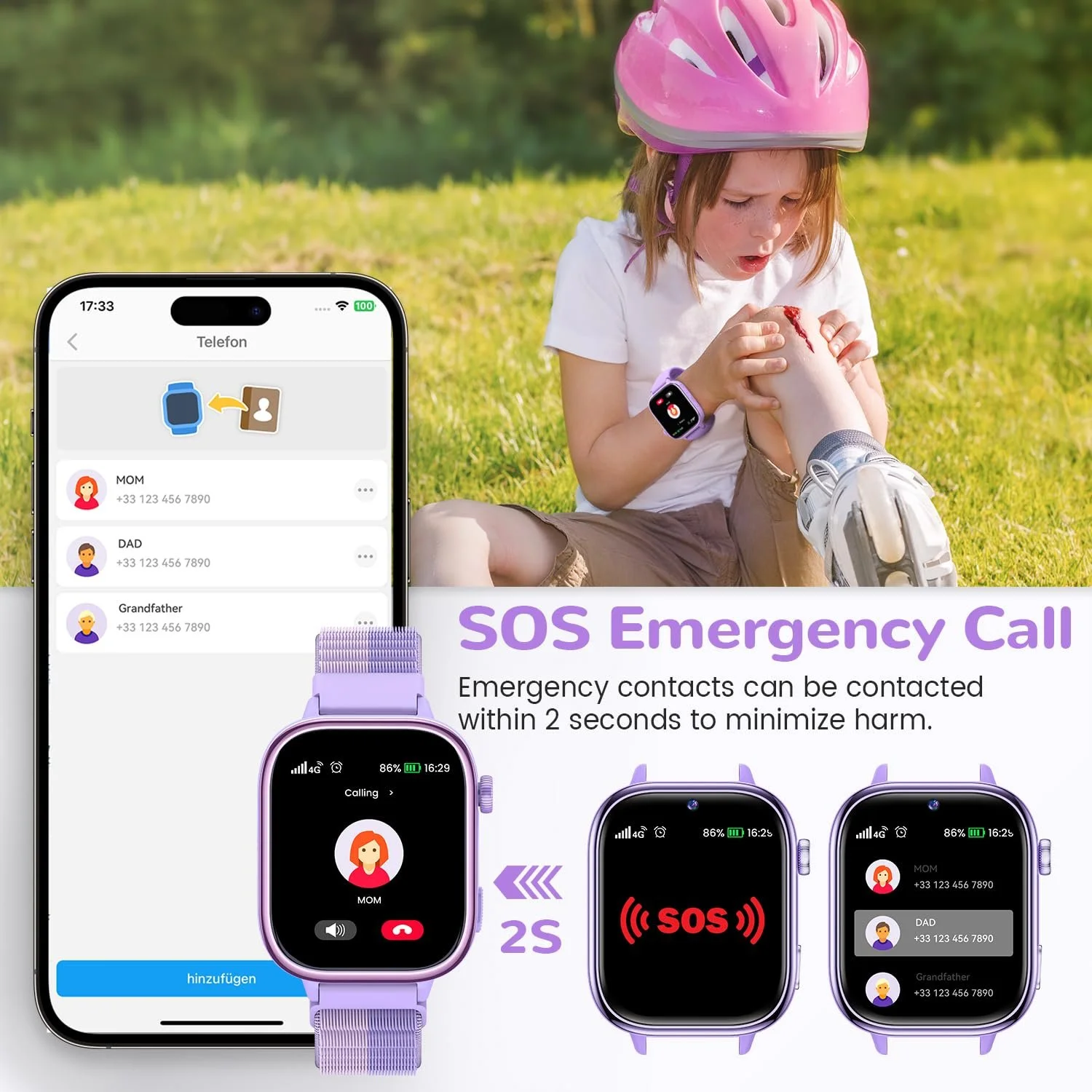 Детские Смарт-часы JoJoego с GPS и телефоном, 4G, видео звонки, вызовы, SOS, школьный режим, голосовой чат, будильник, SIM, IP68 водонепроницаемый, шагомер, фиолетовый, фото №5