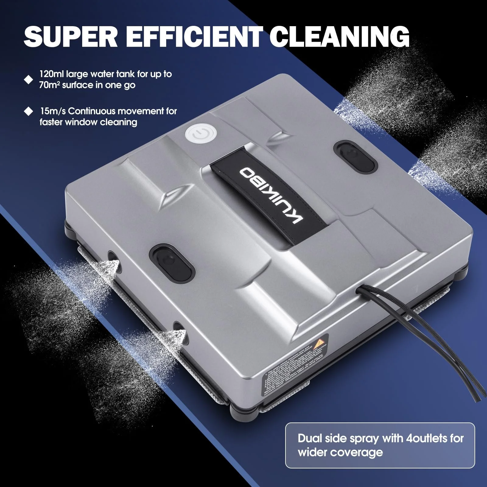 Робот для миття вікон KUIKIBO K2 з функцією розпилення, 6000Pa, тихий, з 4 змінними серветками, підходить для рамного/безрамного скла, фото №2