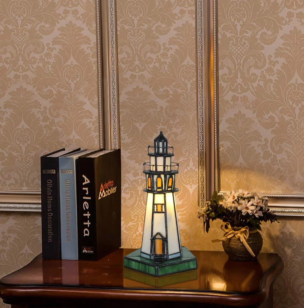 Настільна лампа Tiffany Tower Light E14 вінтажна вітражне скло біла / зелена, фото №5