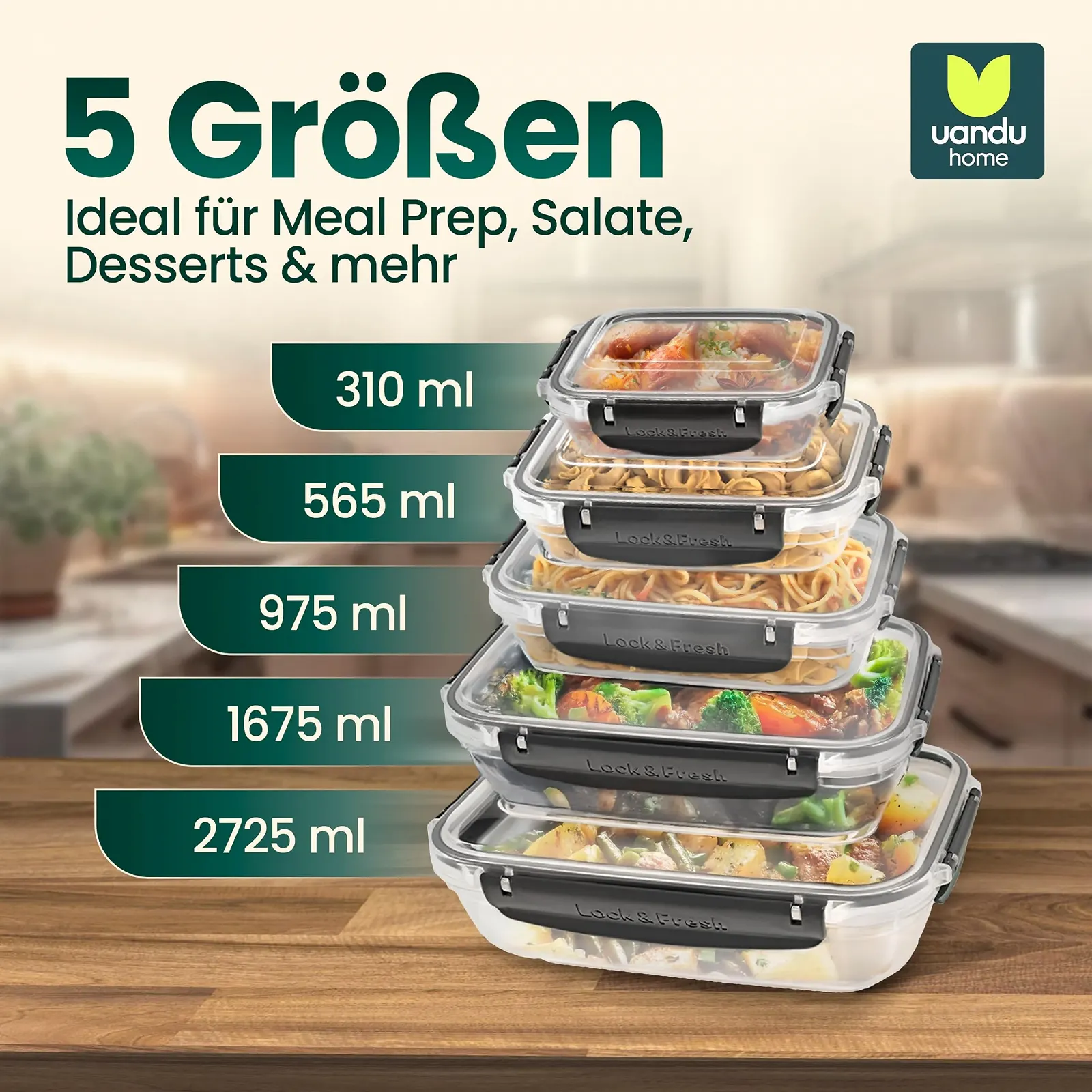 Набір контейнерів для зберігання продуктів uandu Lock & Fresh 5 шт. Без BPA Антрацит, фото №3