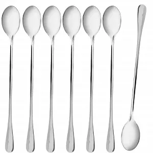 Ложка для латте маккиато NEPTUUN Высокого качества Набор 6+1 Бесплатно, 228 см, Длинная ложка, Ложка для длинных напитков из нержавеющей стали, Ложка для коктейлей, Ложка для десертов, Ложка для мороженого, Кофе со льдом, Высоко полированная (Серебряная) - Фото 1