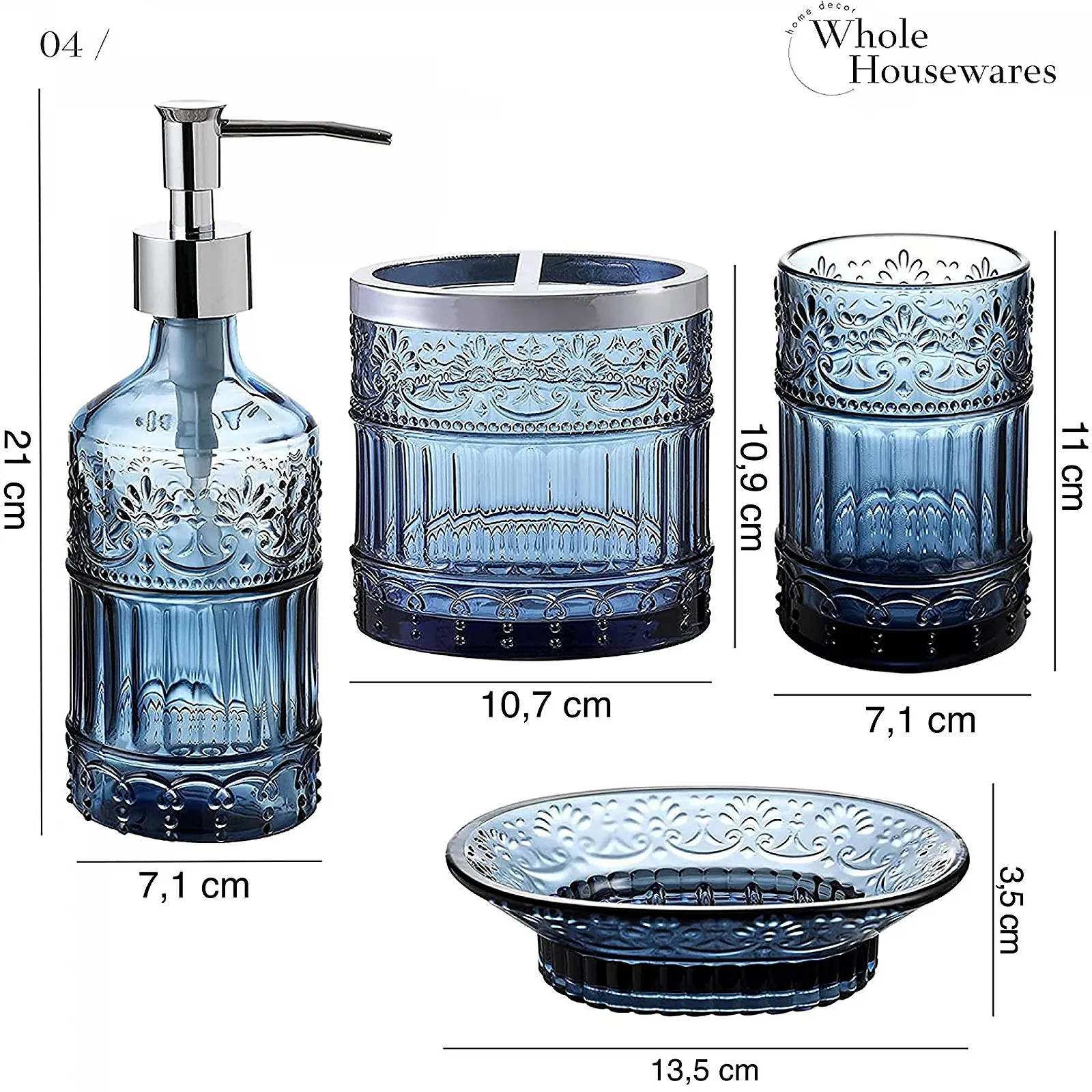Набор для ванной комнаты WHOLE HOUSEWARES 4 шт. Диспенсер для мыла, поднос, стакан, держатель для зубных щеток Мозаичное стекло (синий), фото №4