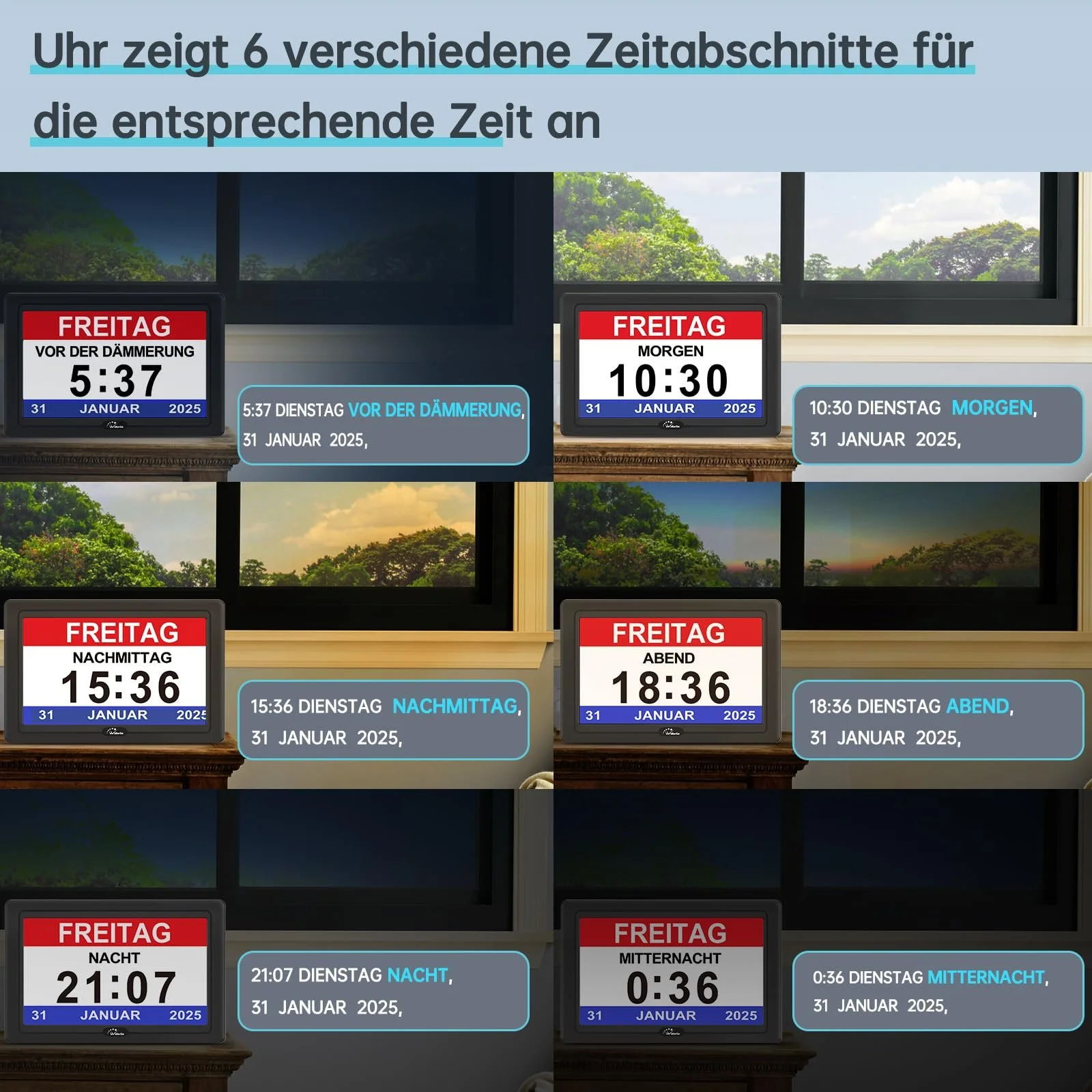 Цифровые часы WallarGe для людей с деменцией, большой дисплей, электронные, календарь с датой и днем недели, 20 напоминаний, 3 мелодии звонка, 10 уровней громкости, автоматический переход на летнее время (7 дюймов, черный), фото №5 Цифровые часы WallarGe для людей с деменцией, большой дисплей, электронные, календарь с датой и днем недели, 20 напоминаний, 3 мелодии звонка, 10 уровней громкости, автоматический переход на летнее время (7 дюймов, черный), фото №5