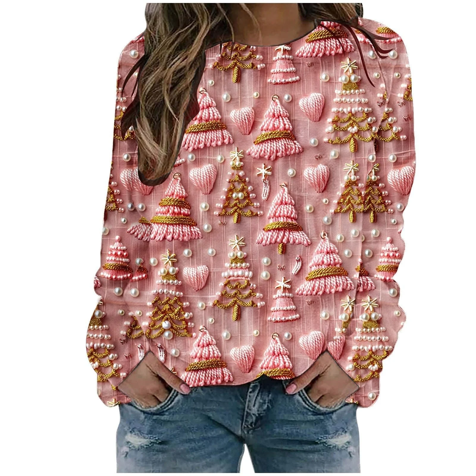 Женский Свитшот Generico Санта Клаус 2024 Рождественский Свитшот Женская Рождественская большая футболка с принтом Рождественские топы с длинными рукавами Рождественский джемпер Женский зимний Свитшот с оленями Рождество, фото №1