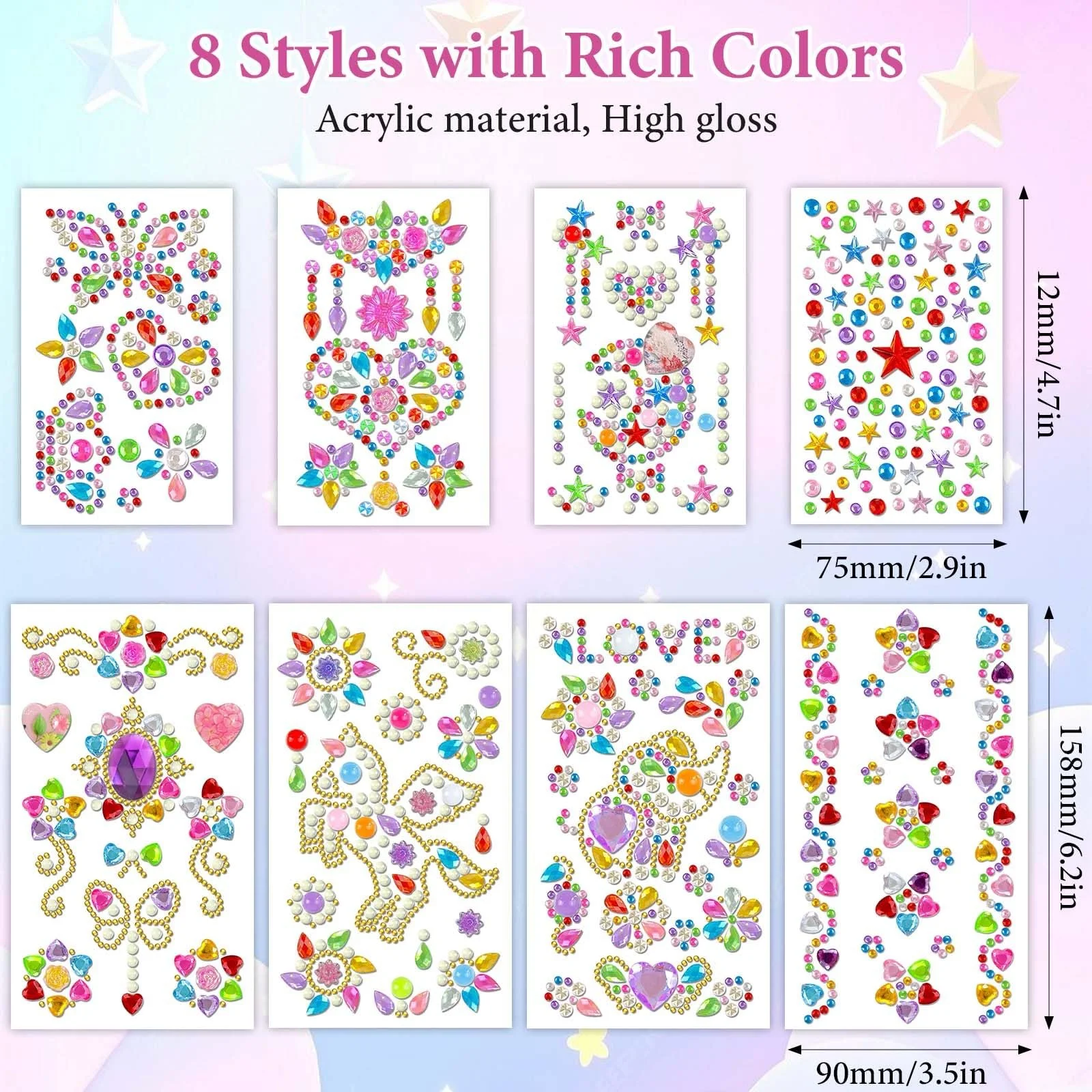 Самоклеящиеся стразы Единорог, Цветы, Листья, Бабочка, короны, звезды, луны и сердца 8 цветов (красный, желтый, синий, розовый, фиолетовый), фото №2