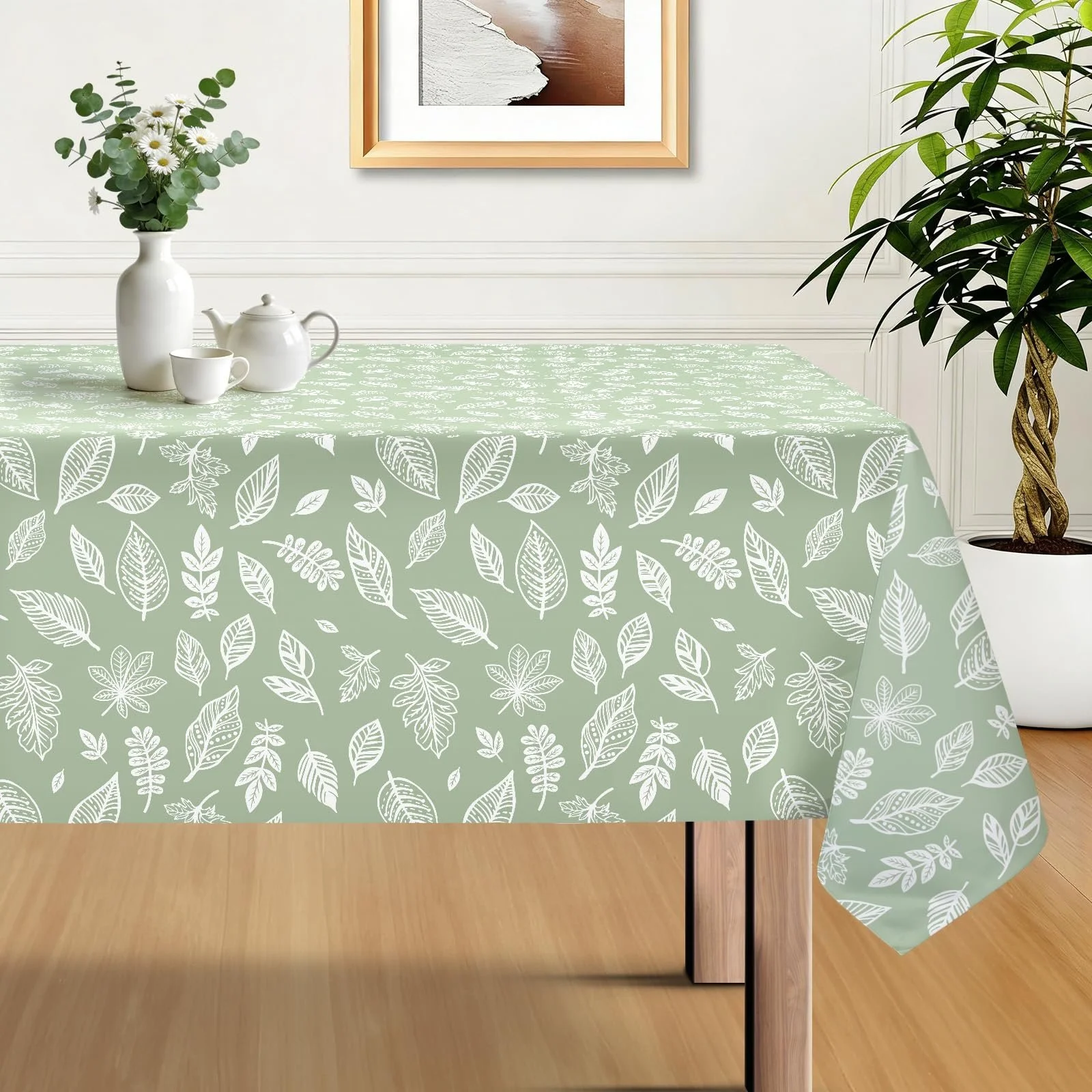 Скатертина Spring Summer прямокутна поліестер листя зелена 140 x 200 см, що миється, жиростійка, фото №1