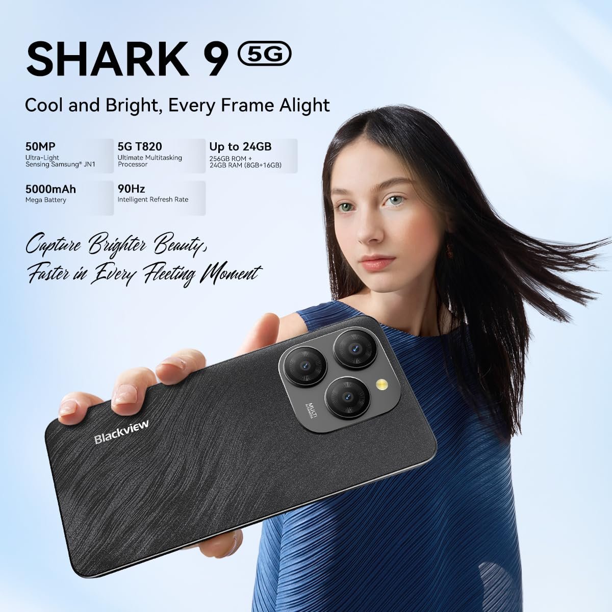 Смартфон Blackview Shark 9 6.67 дюймів HD+ IPS Дисплей 90 Hz 5G Unisoc T820 50 MP Камера 5000 mAh Акумулятор 8 GB RAM 200 г Надлегкий Black, фото №7