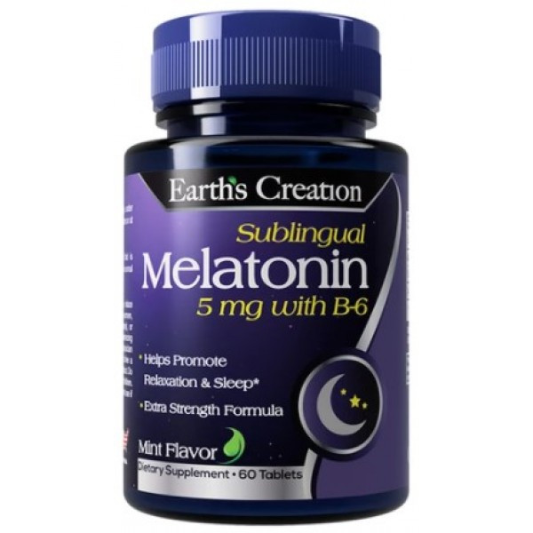 Мелатонин с витамином В6 Earths Creation Melatonin 5 mg with B-6 Sublingual 60 tabs Mint, фото №1