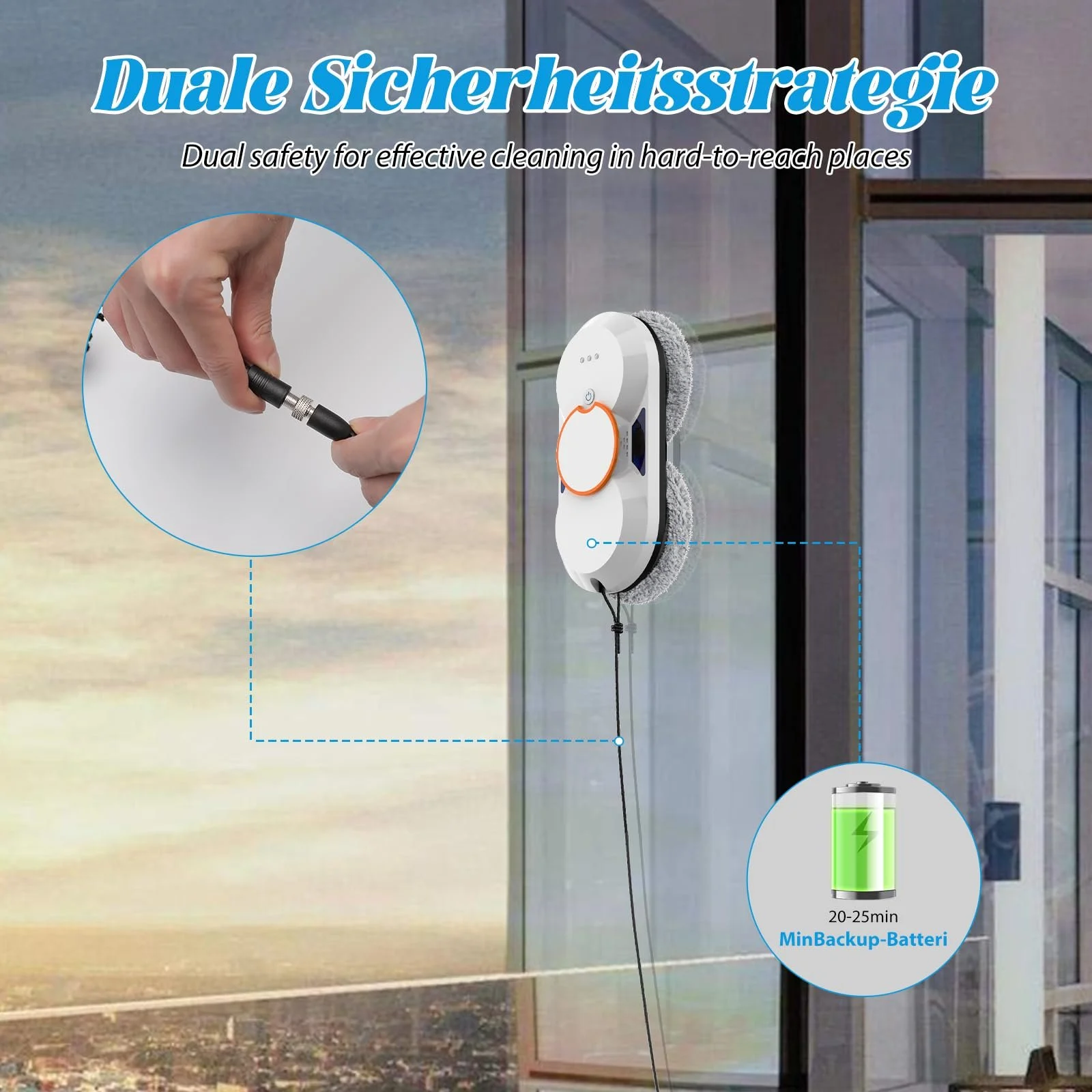 Робот для миття вікон, 5600 Па, інтелектуальна навігація, дистанційне керування, 3 режими очищення, система безпеки та вісім серветок для чищення, фото №5 Робот для миття вікон, 5600 Па, інтелектуальна навігація, дистанційне керування, 3 режими очищення, система безпеки та вісім серветок для чищення, фото №5