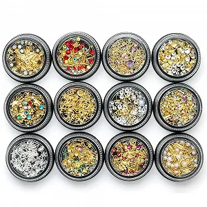 Кристаллы Голографические 12 коробок Круглые Смешанные цвета для искусства Одежда Обувь Сумки DIY Металл Золотой Серебряный - Фото 1