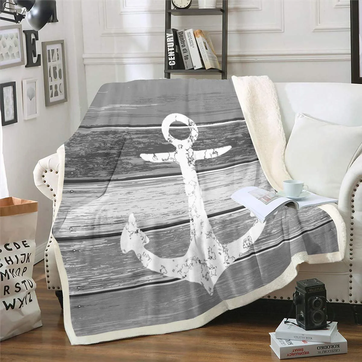 Покривало Tbrand Якір, Морська тематика, 150 x 200 см, Вінтажний вигляд, Потерте дерево, Сільський стиль, фото №1