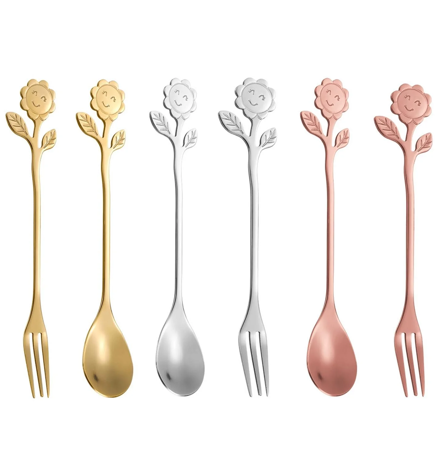 Ложка кофейная Цветочная, 6 штук Ложки кофейные, Ложки Листья, Ложки чайные из нержавеющей стали, Ложки десертные разноцветные, Вилки, Вилки для пирожных для кофе, десерта, мороженого, коктейля и т д, фото №1