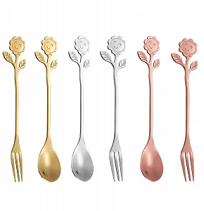 Ложка кофейная Цветочная, 6 штук Ложки кофейные, Ложки Листья, Ложки чайные из нержавеющей стали, Ложки десертные разноцветные, Вилки, Вилки для пирожных для кофе, десерта, мороженого, коктейля и т д - Фото 1