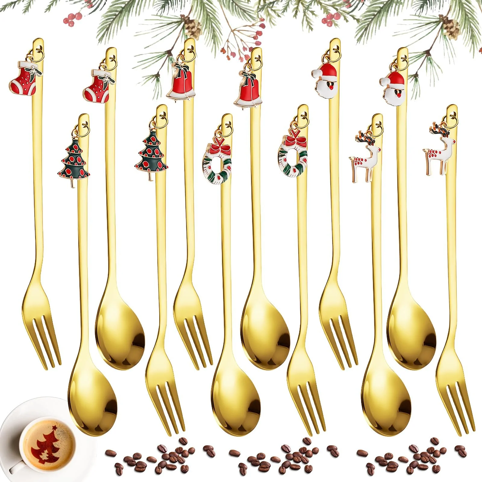 6 Кавових Різдвяних Ложок та 6 Вилок, фото №1