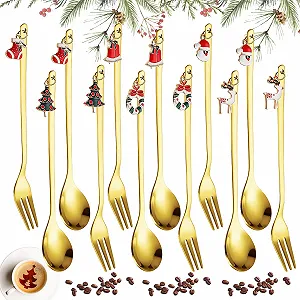 Набор Столовой Посуды: 6 Штук Кофейных Рождественских Ложек и 6 Вилок, Рождественская Ложка из Нержавеющей Стали с Рождественским Подвесом, Десертная Ложка, Ложка для Смешивания для Рождественского Украшения, для Стола - Фото 1