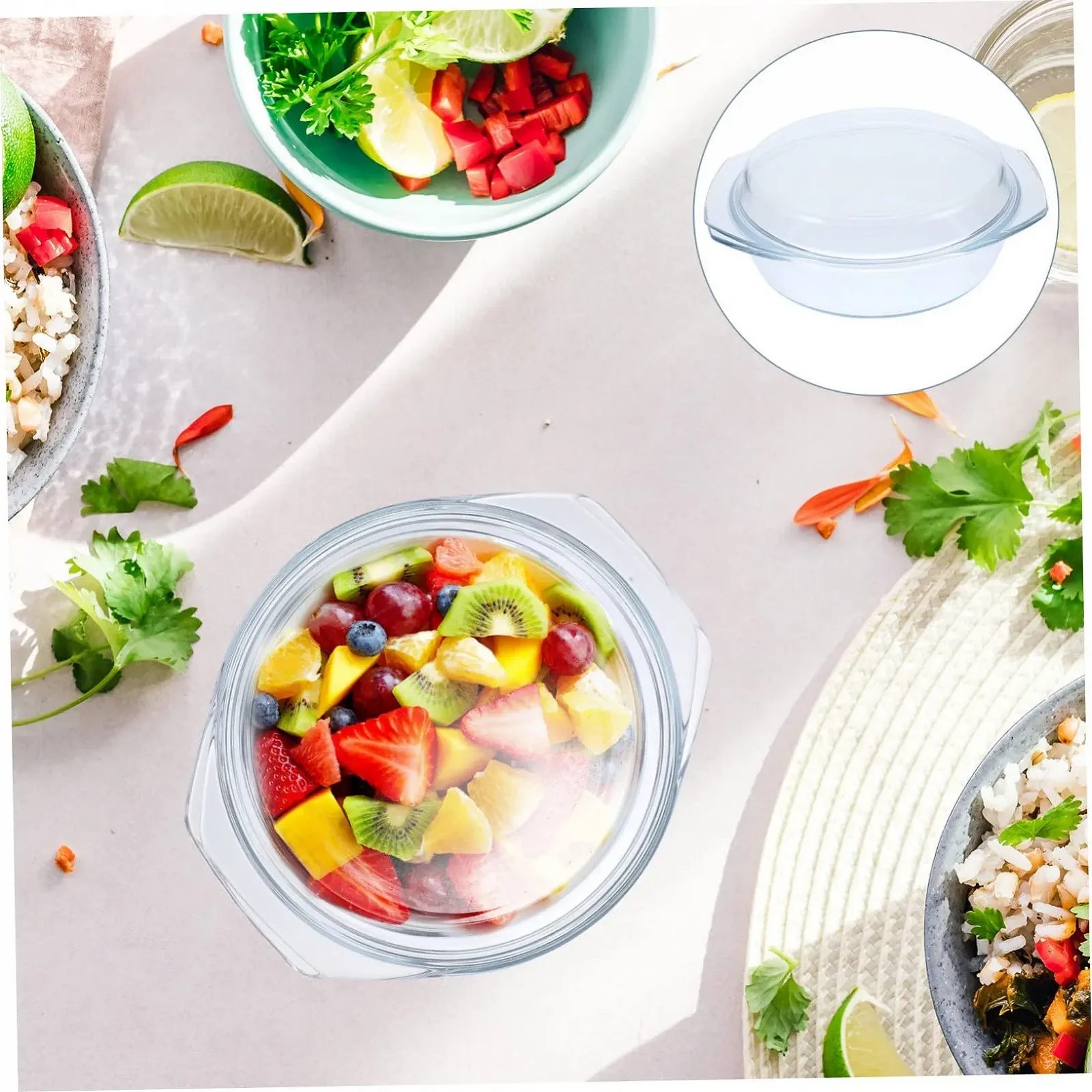 Форма для запікання кругла скляна з кришкою та ручками прозора, фото №4