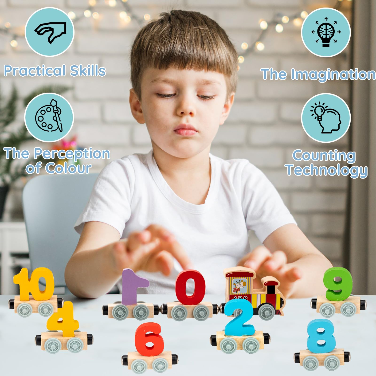 Дерев'яна іграшкова залізниця Montessori Цифри 0-10 12 елементів, фото №7