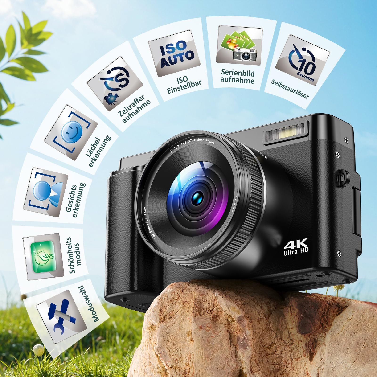 Цифровой Фотоаппарат 4K Компактный Цифровой фотоаппарат 48MP с Автофокусом, 3 Дюймовый 180

Складной Экран, 16X Цифровой Зум, Карта Памяти 32GB, 2 Батареи, фото №6