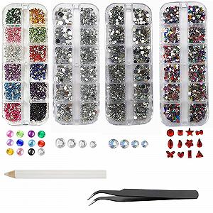 Стразы для ногтей 6200 шт., 4 коробки блестящих камней с пинцетом и ручкой для сбора страз, плоские стразы для одежды, поделок своими руками - Фото 1