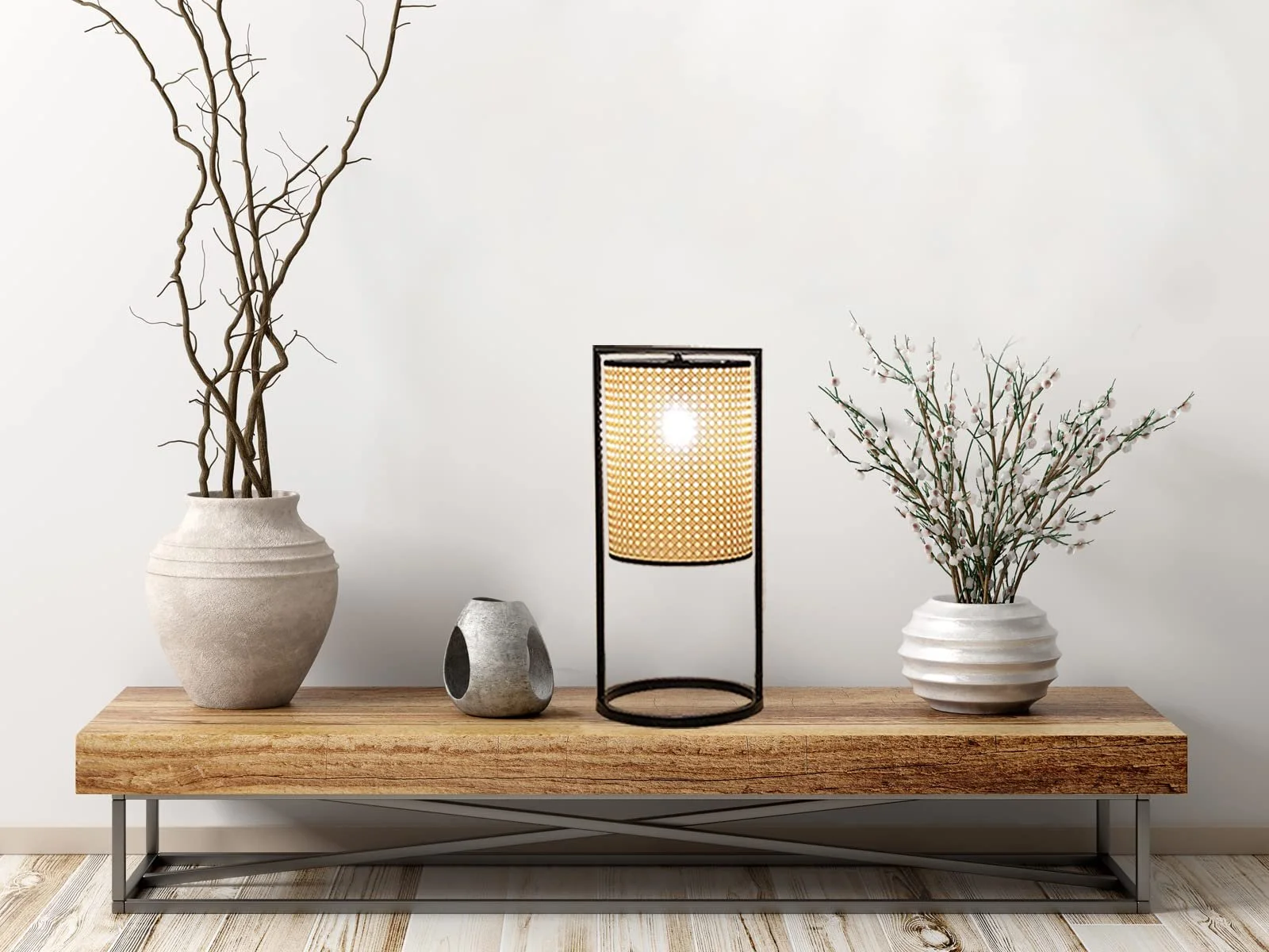 Світлодіодна настільна лампа 56 см з чорною рамою та абажуром під ротанг Чорний, фото №1