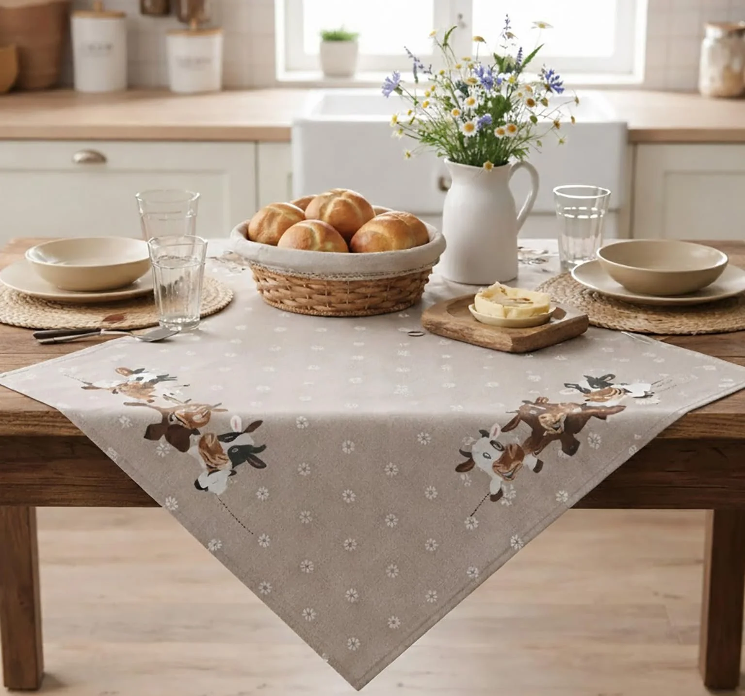 Скатертина KAMACA Funny Cows 85 x 85 см Ecru Brown Washable Durable, фото №1