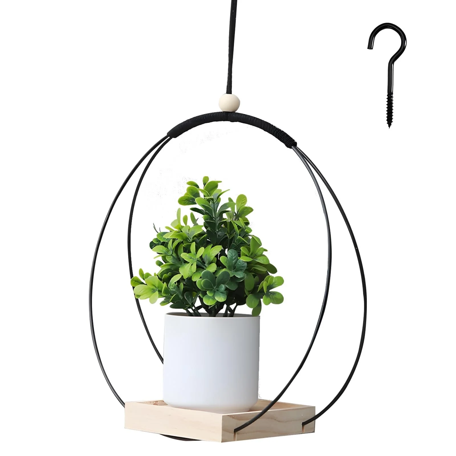 Подвесная корзина SI SEN Деревянное основание Металлический каркас Диаметр 30 см Крючок в комплекте, фото №1