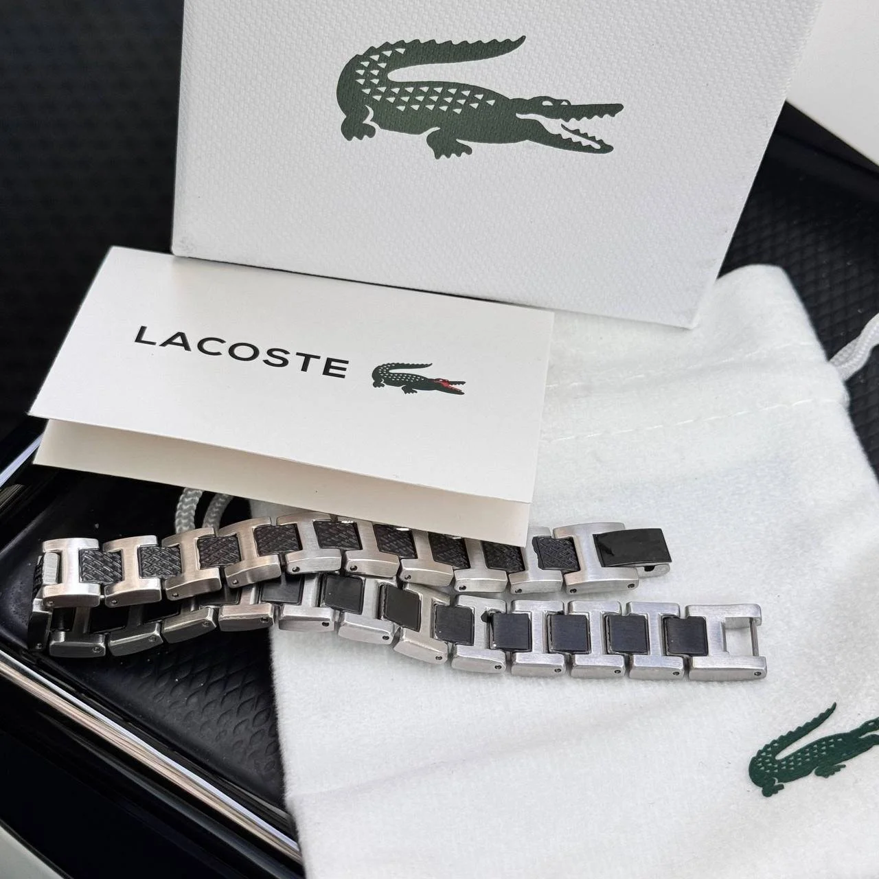 Браслет мужской черный из нержавеющей стали на руку Lacoste, фото №2