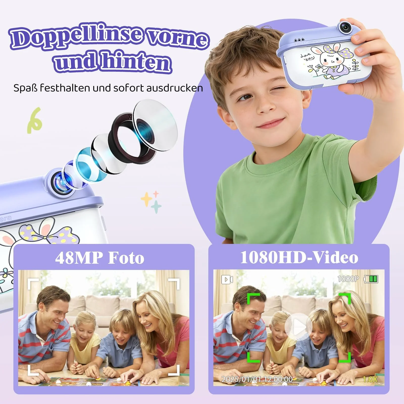 Детская камера мгновенной печати 48MP Dual Camera 1080P 32G TF Card и бумага для печати, фото №3