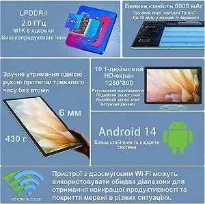 Планшет 10.1" DMOAO D3 4+14/128Gb 8 ядер Android 14 6000 mAh Blue synthetic.ua - Фото 1