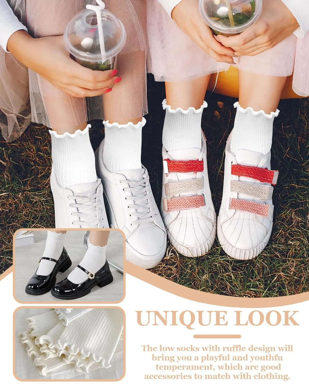Носки с рюшами Хлопковые Женские Носки до середины голени Мягкие дышащие для женщин/девушек для спорта/отдыха 35-40 Белый, кремовый, 6 пар, фото №5