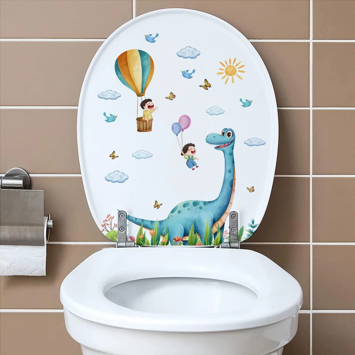 Наклейка на кришку унітазу Dinosaur/Kids Hot Air Balloon мультяшна знімна 25x30 см, фото №4
