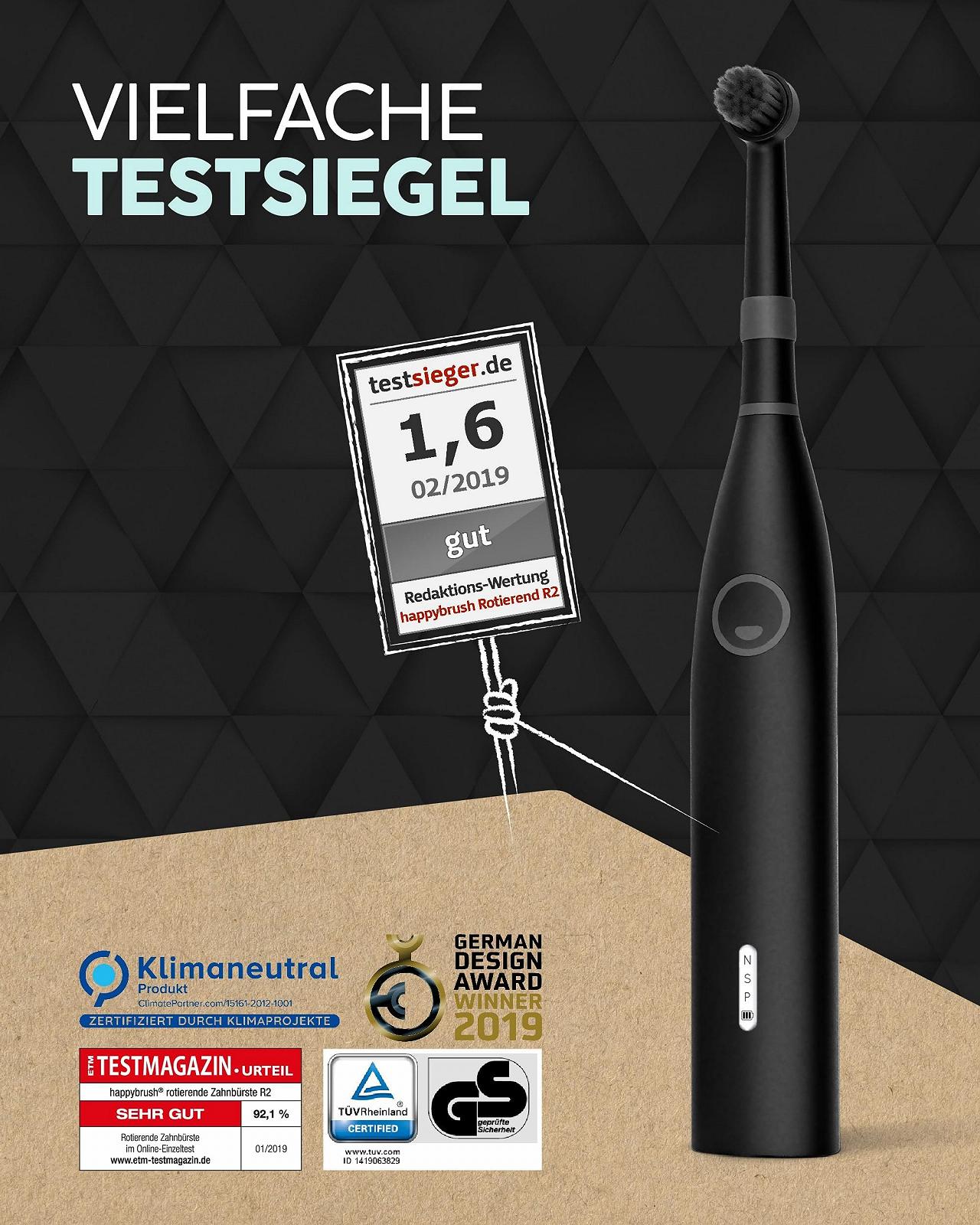 Електрична зубна щітка happybrush Eco R2 3 змінні насадки та зубна паста Black, фото №2