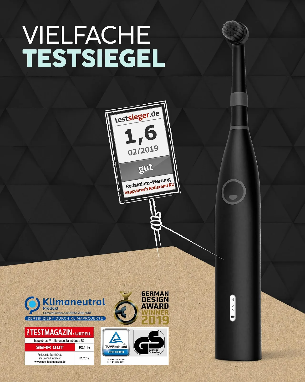 Электрическая зубная щетка happybrush Eco R2 3 сменные насадки и зубная паста Black, фото №2