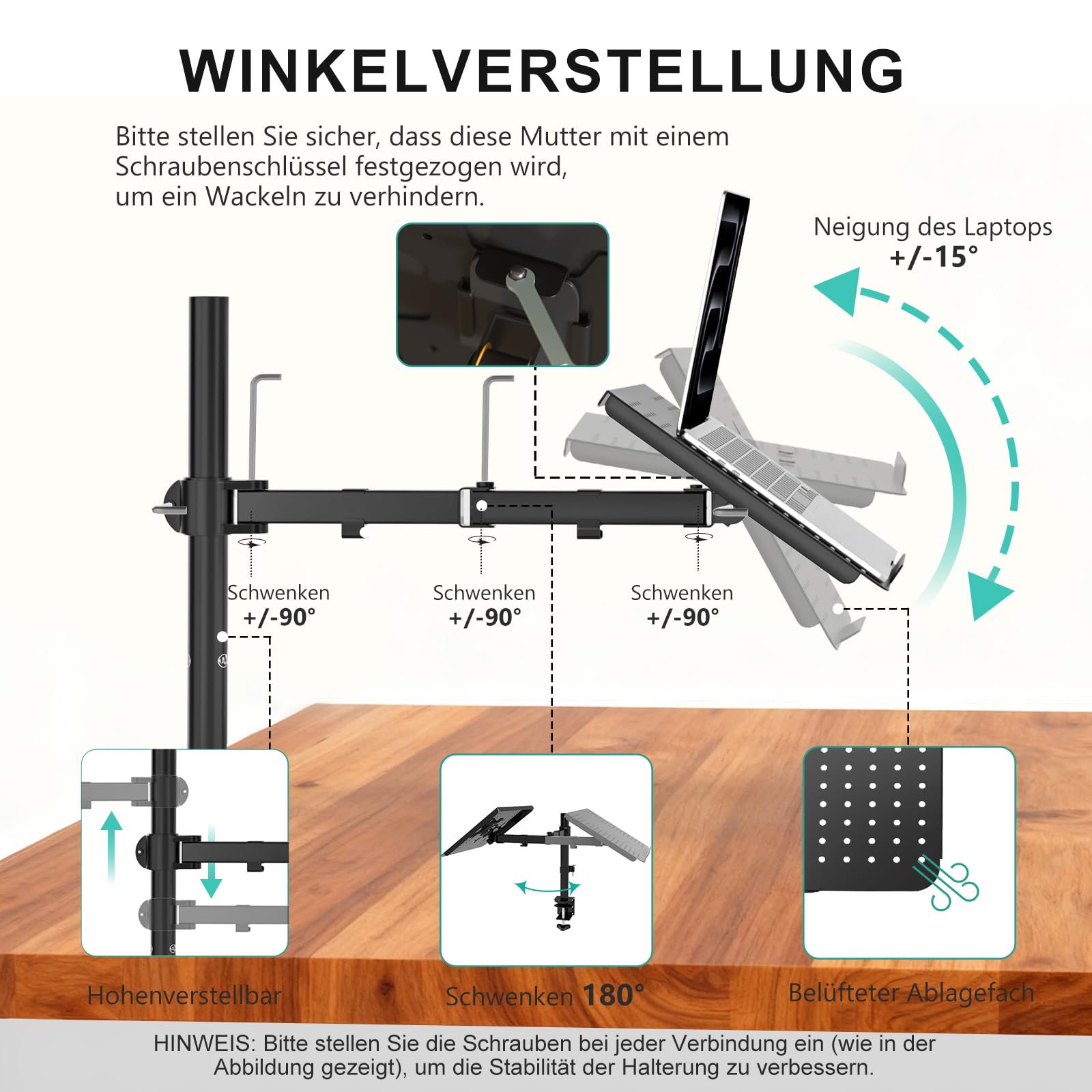 Тримач для ноутбука WALI для столу до 17 дюймів, регульований, вентильована платформа, 10 кг, чорний, фото №6 Тримач для ноутбука WALI для столу до 17 дюймів, регульований, вентильована платформа, 10 кг, чорний, фото №6