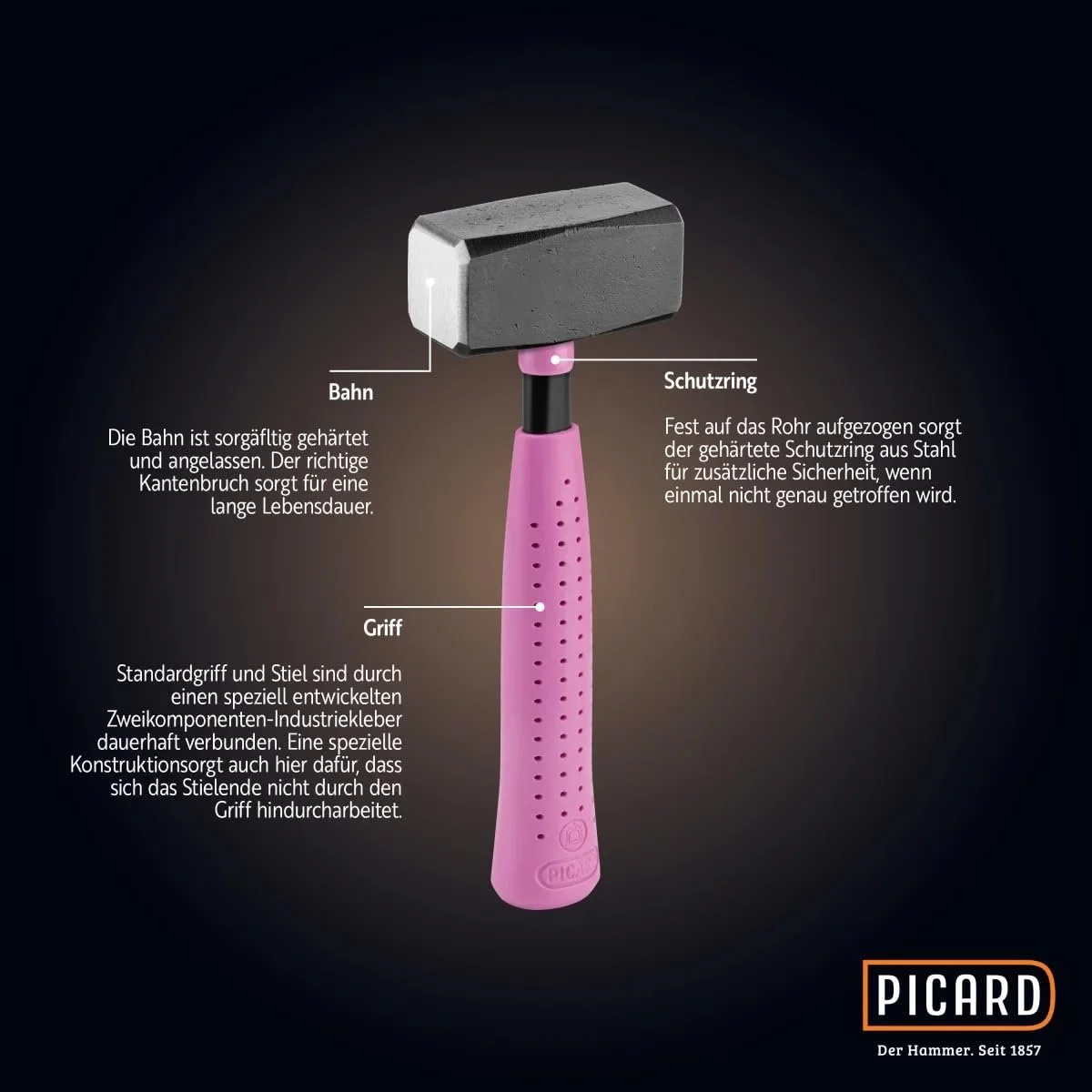 Кувалда PICARD RS Pink Edition с резиновой насадкой 1250 г стальная трубчатая рукоятка C45 DIN 6475, фото №3 Кувалда PICARD RS Pink Edition с резиновой насадкой 1250 г стальная трубчатая рукоятка C45 DIN 6475, фото №3