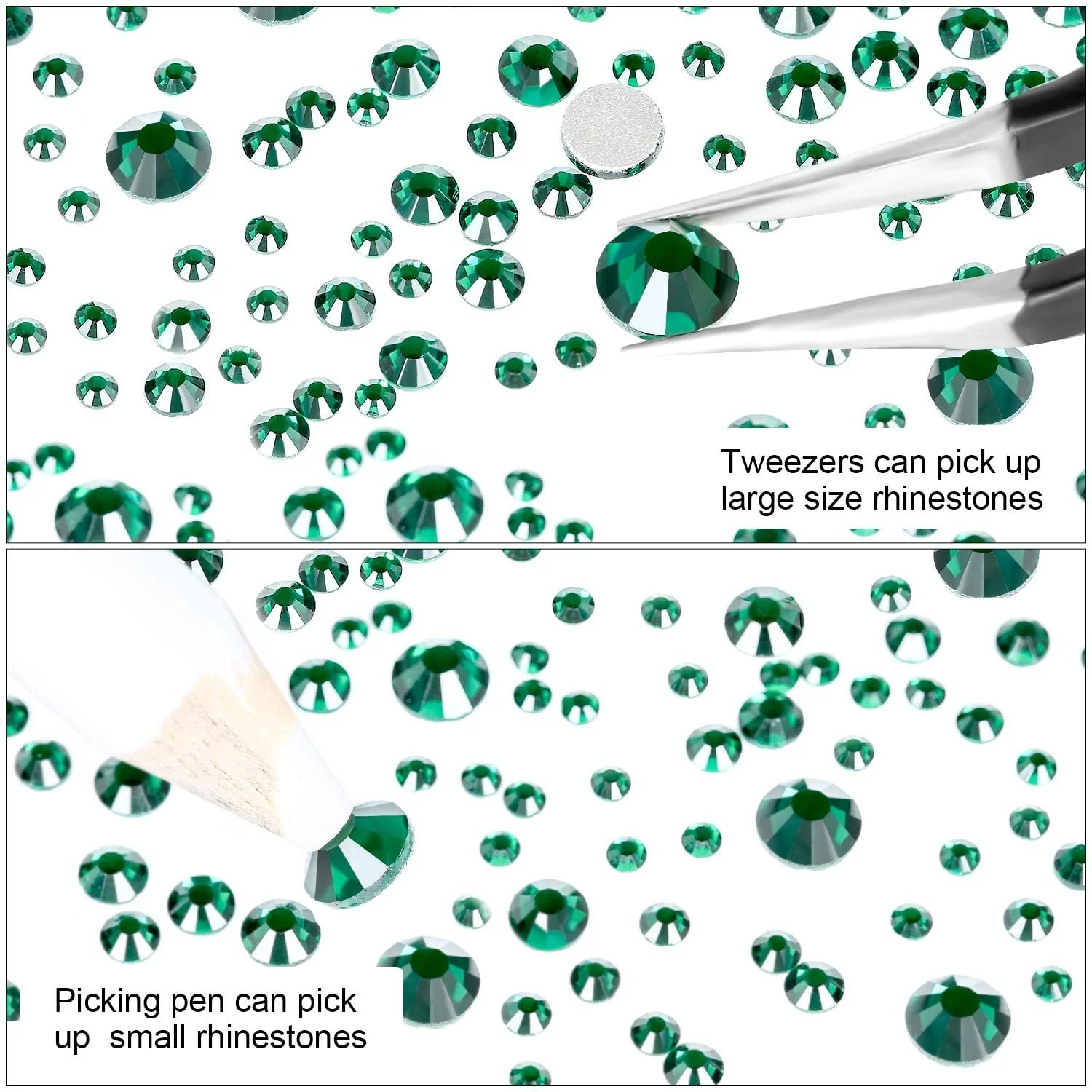 Стразы Плоская задняя часть Зеленый SS6~SS20 Кристаллические бриллианты для маникюра и макияжа лица Блестящие круглые с пинцетом и ручкой для подбора (Набор SS6~SS20), фото №4