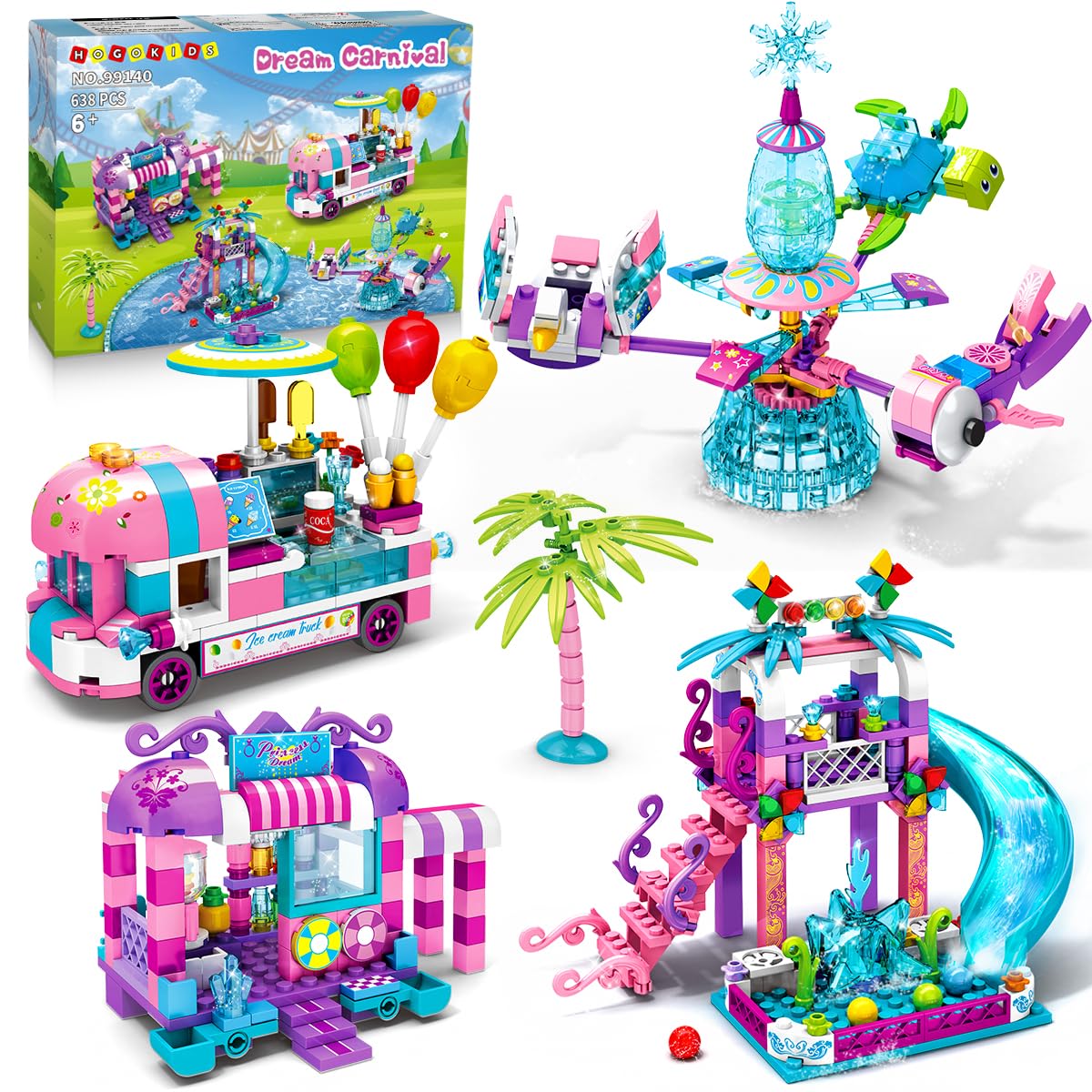 Набір HOGOKIDS Amusement Park Slide Kit 684 шт. Ice Cream Truck Friends 4-в-1 Принцеса Водний парк Іграшка для дівчаток 6 7 8 9 10 років, фото №1