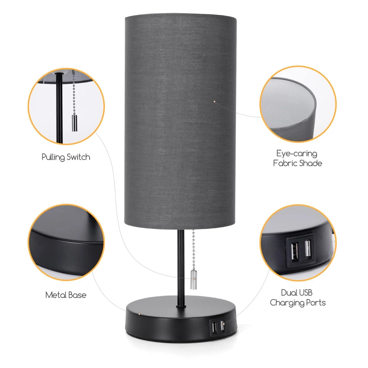 Настільна лампа Aigostar 2 USB E27 з ланцюжковим вимикачем металева основа сіра, фото №5