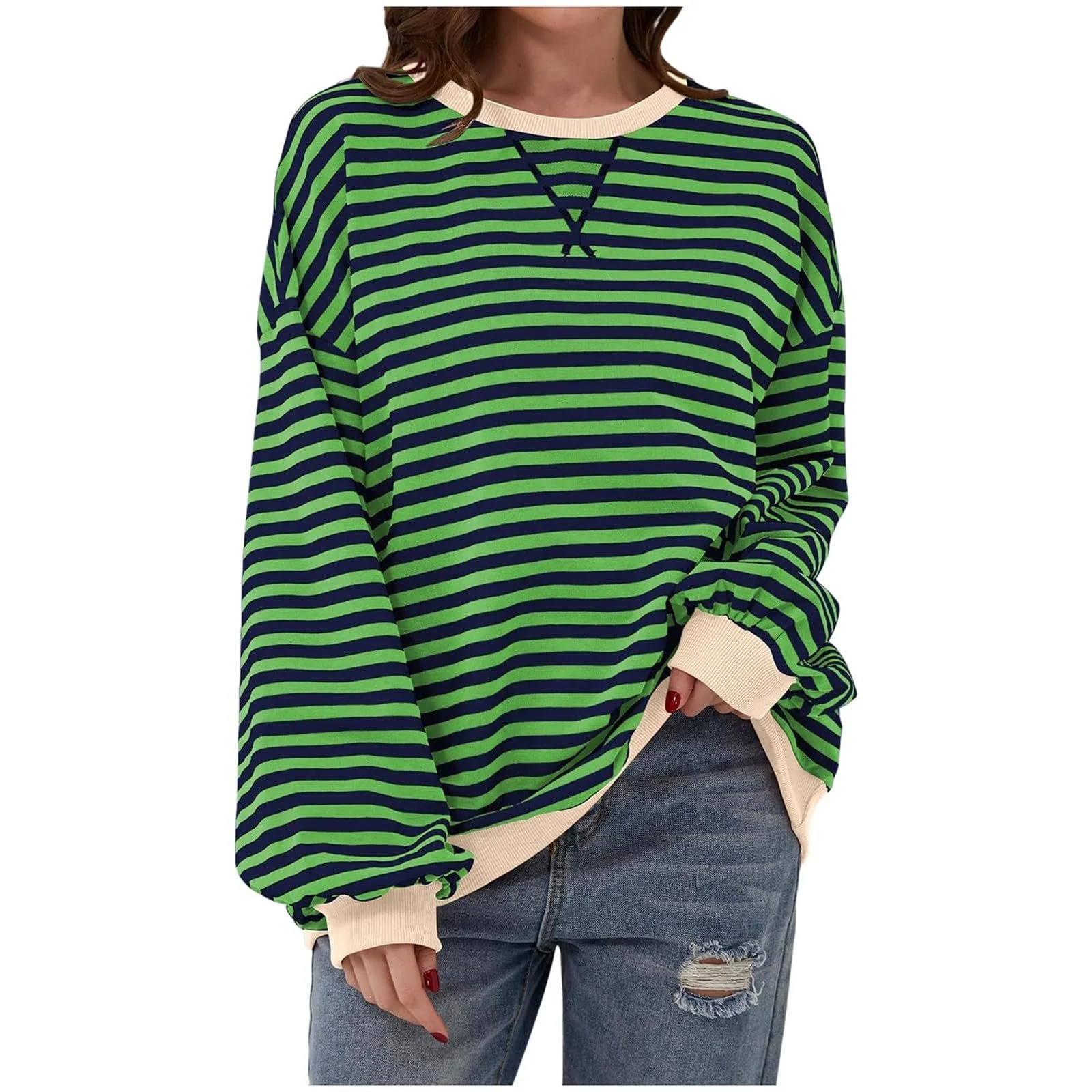 Свитшот pvucpot Женский в полоску Цветной блок Топ Пуловер Повседневный Круглый вырез Длинный рукав Свободный Свитшот Женский в полоску Пуловер Женский топ, фото №1