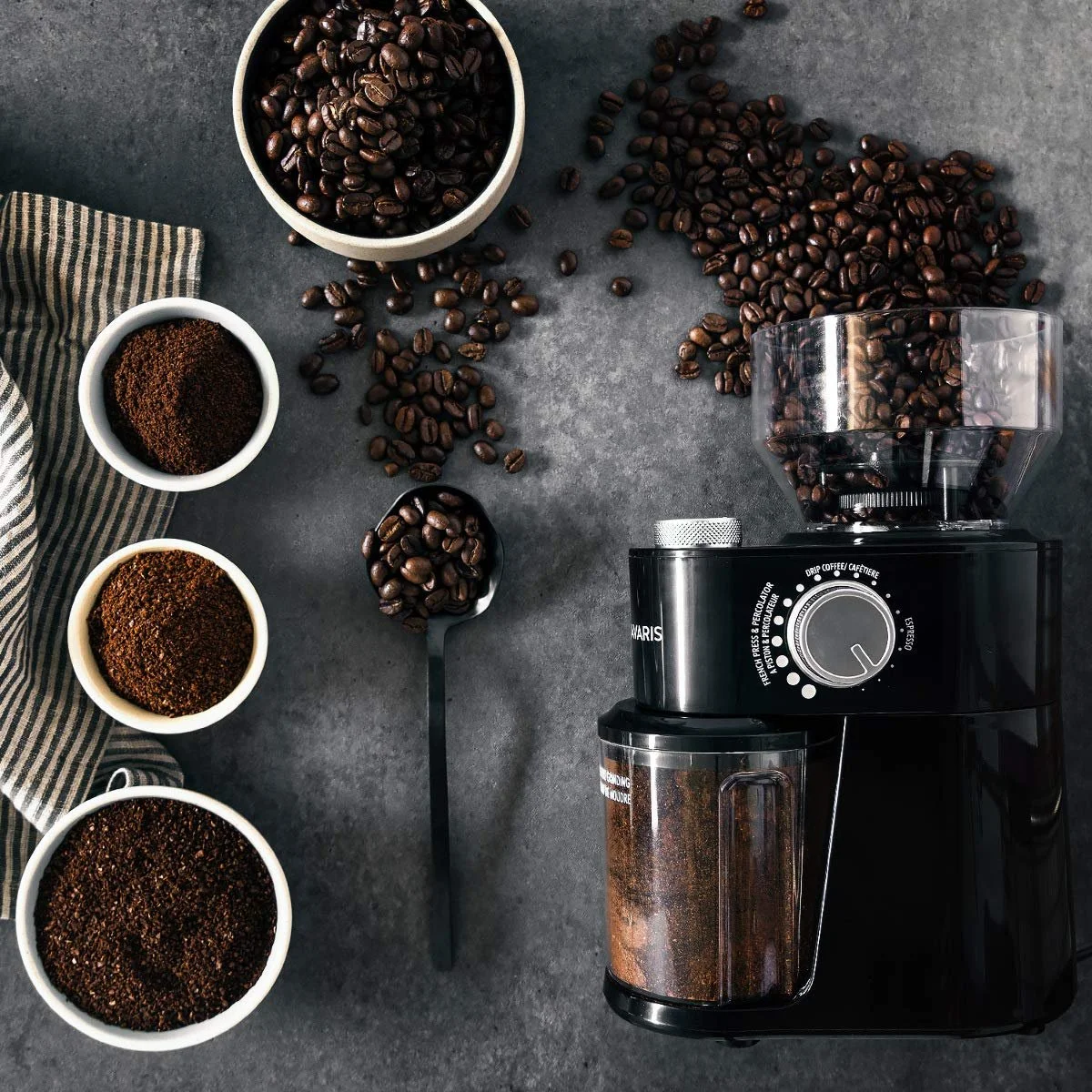 Електрична кавомолка Navaris з дисковою шліфувальною машинкою з нержавіючої сталі 200 Вт до 14 чашок кави 18 рівнів помелу Чорна, фото №2