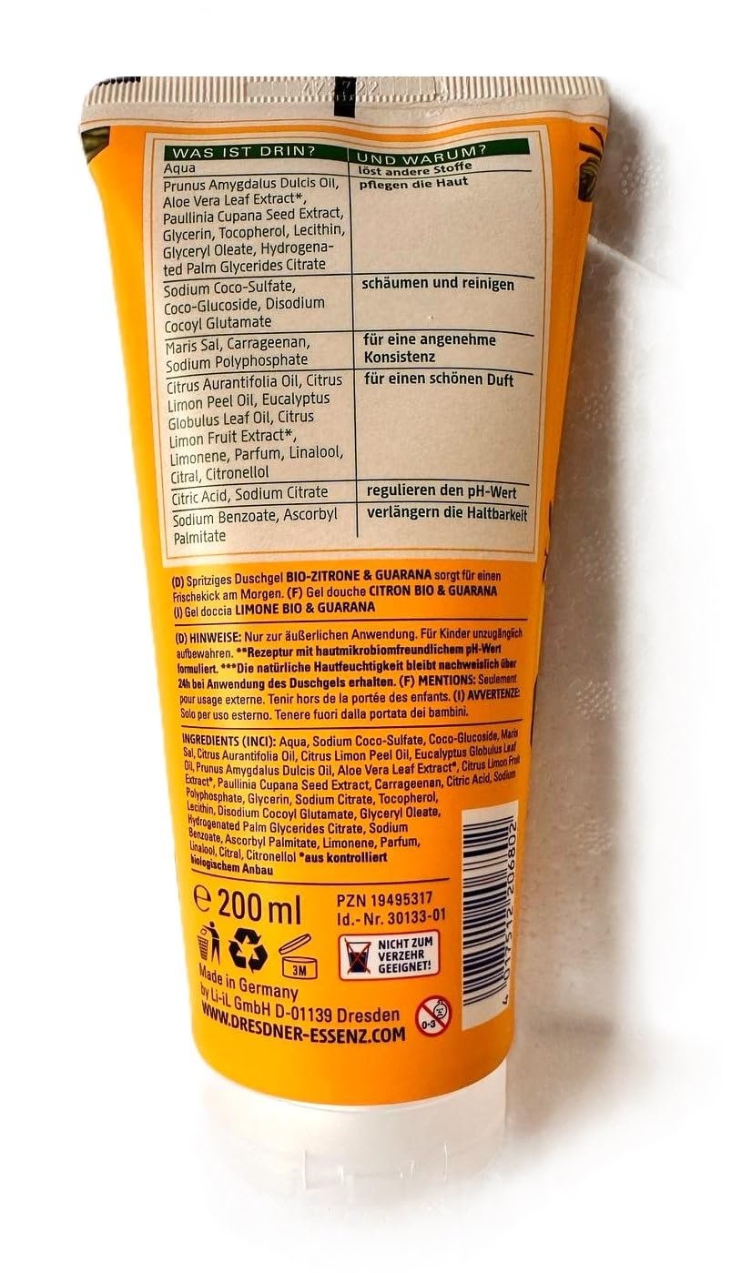 Гель для душа Dresdner Essenz Organic Lemon & Guarana 200 мл 2 шт., фото №2